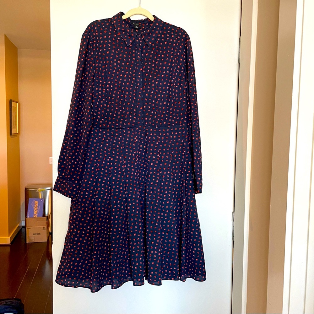 Ann Taylor Pleated Long Sleeve Navy & Red Printed Midi Dress Size 14